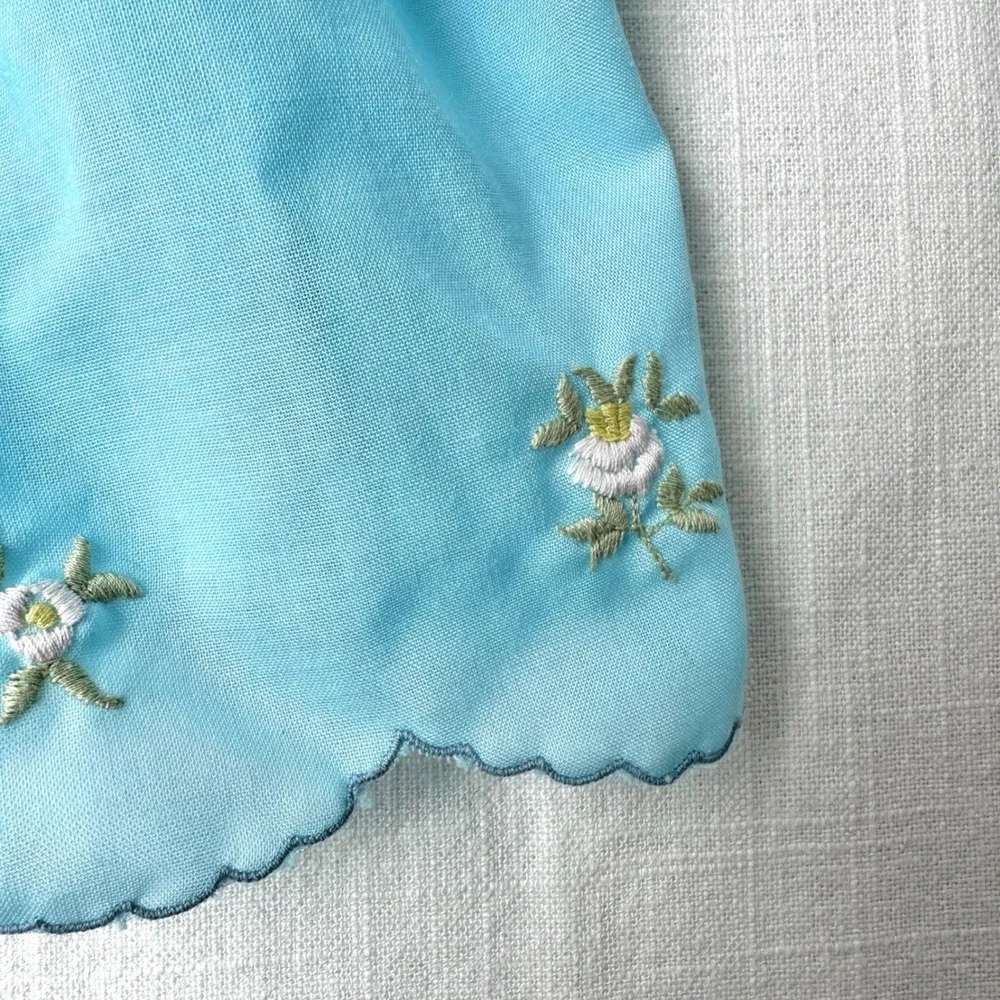 Vintage 1950s Doll Dress Blue Embroidered Floral Scalloped Puff Sleeve 8-10 inch